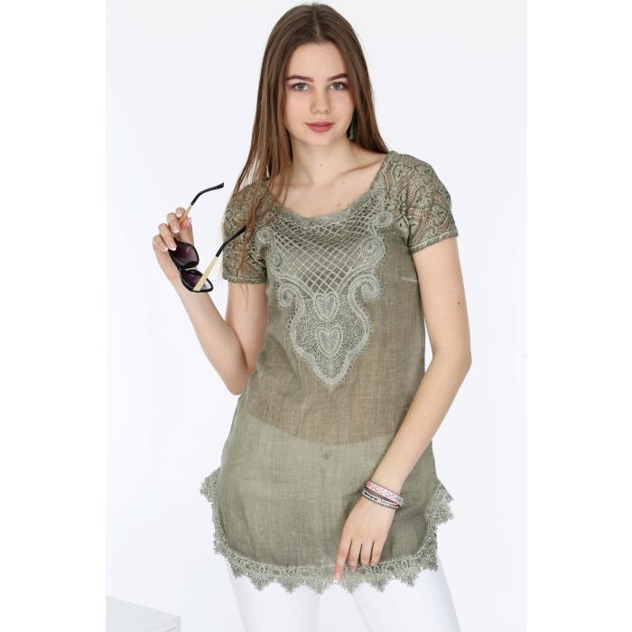 ETEĞİ VE YAKASI DANTELLİ  YARIM KOL BLUZ  MODEL 11