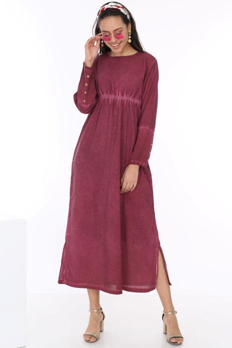 KOLLARI DÜĞME DETAYLI BELİ LASTİKLİ UZUN ELBİSE MODEL 239