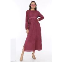 KOLLARI DÜĞME DETAYLI BELİ LASTİKLİ UZUN ELBİSE MODEL 239