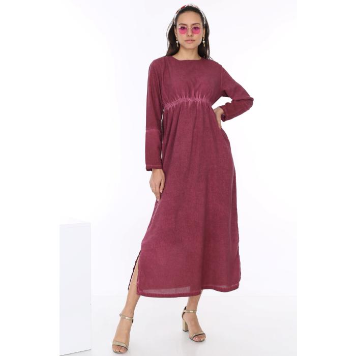KOLLARI DÜĞME DETAYLI BELİ LASTİKLİ UZUN ELBİSE MODEL 239