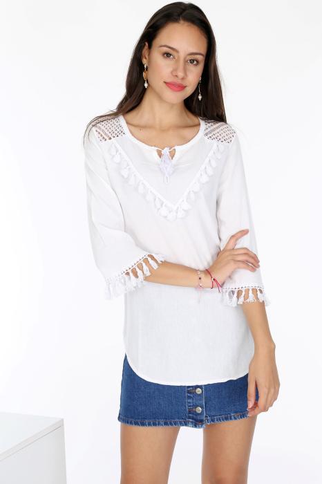KOLLARI PÜSKÜLLÜ OMZU FİLELİ BLUZ MODEL 27
